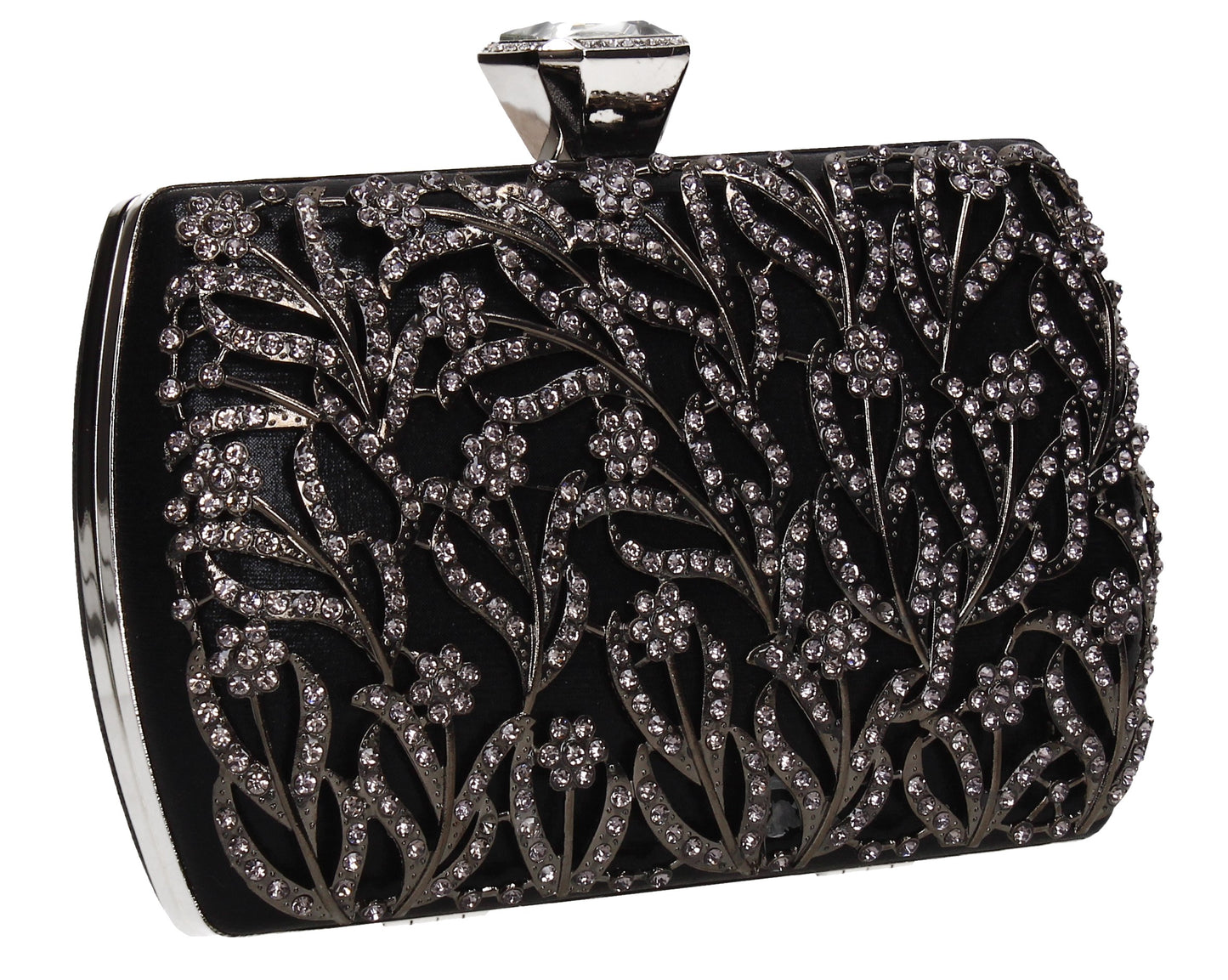 Claire Floral Diamante Detail Box Shape Clutch Bag Black