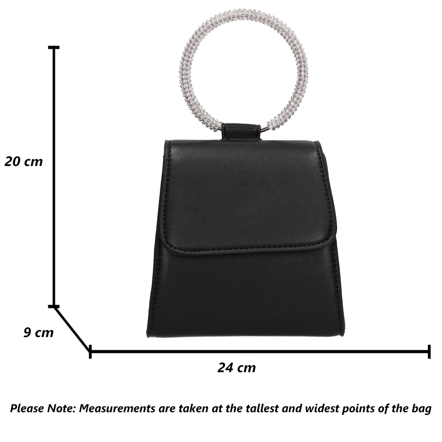 Izzie Flapover Faux Leather Diamante Ring Handle Clutch Bag Black