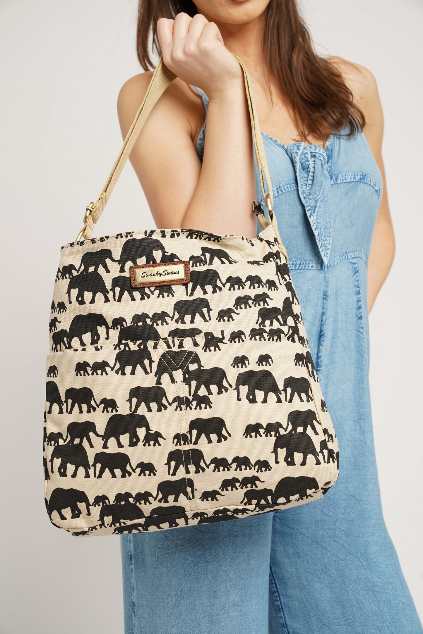 Ellie Elephant Print Crossbody Bag in Beige