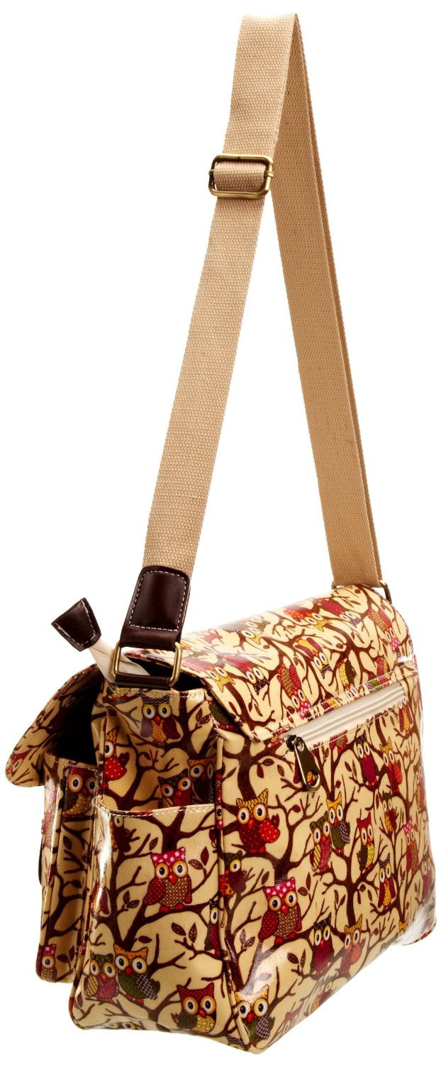 Swanky Swans Classic Tree Owl Double Pocket Satchel Beige Perfect for Back to school!