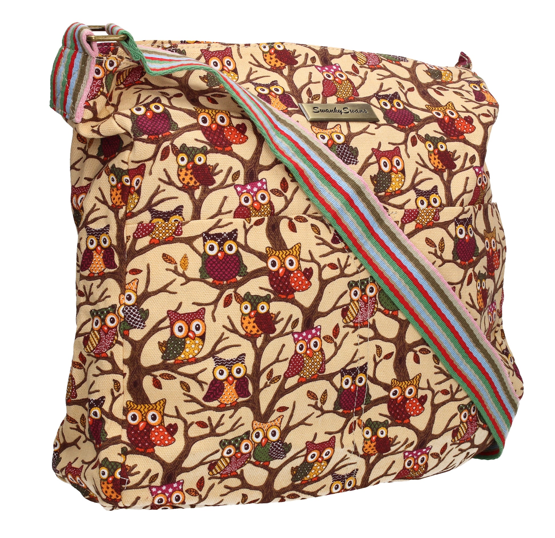 Swanky Swans Classic Tree Owl Print Crossbody Bag in BeigeWomens Girls Boys School Crossbody Animal Cute