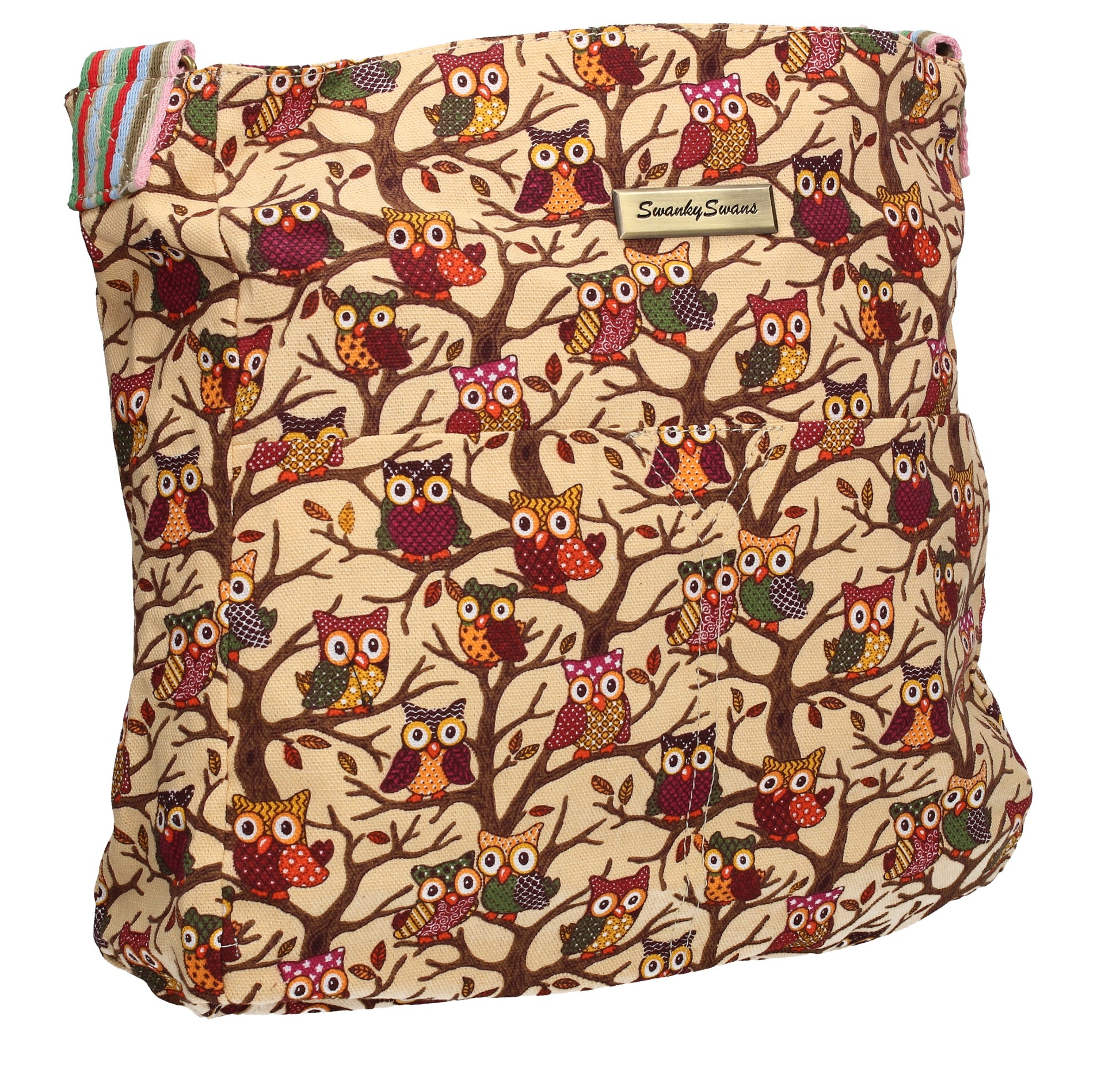 Swanky Swans Classic Tree Owl Print Crossbody Bag in BeigeWomens Girls Boys School Crossbody Animal Cute