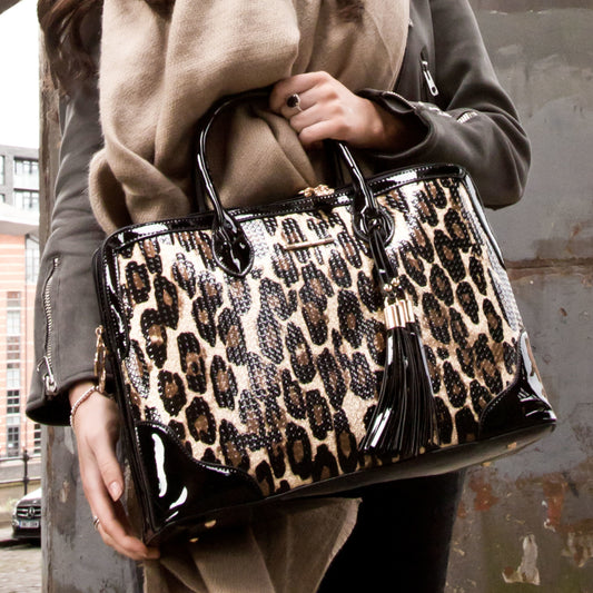 SWANKYSWANS Harper Double Zip Leopard Handbag Black