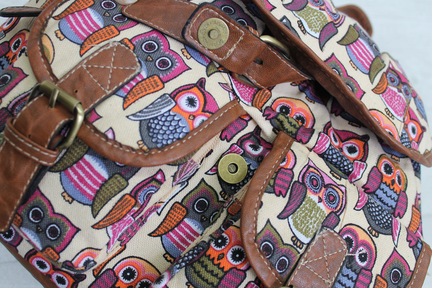 Anna Vintage Owl Print Canvas Backpack Beige