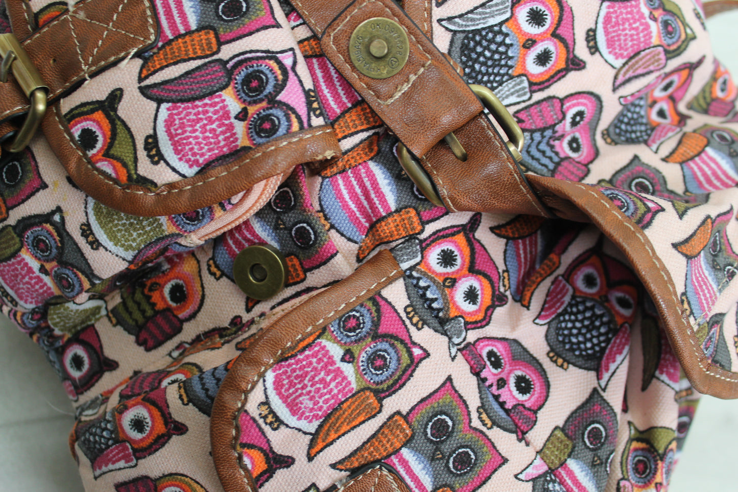 Anna Vintage Owl Print Canvas Backpack Pink