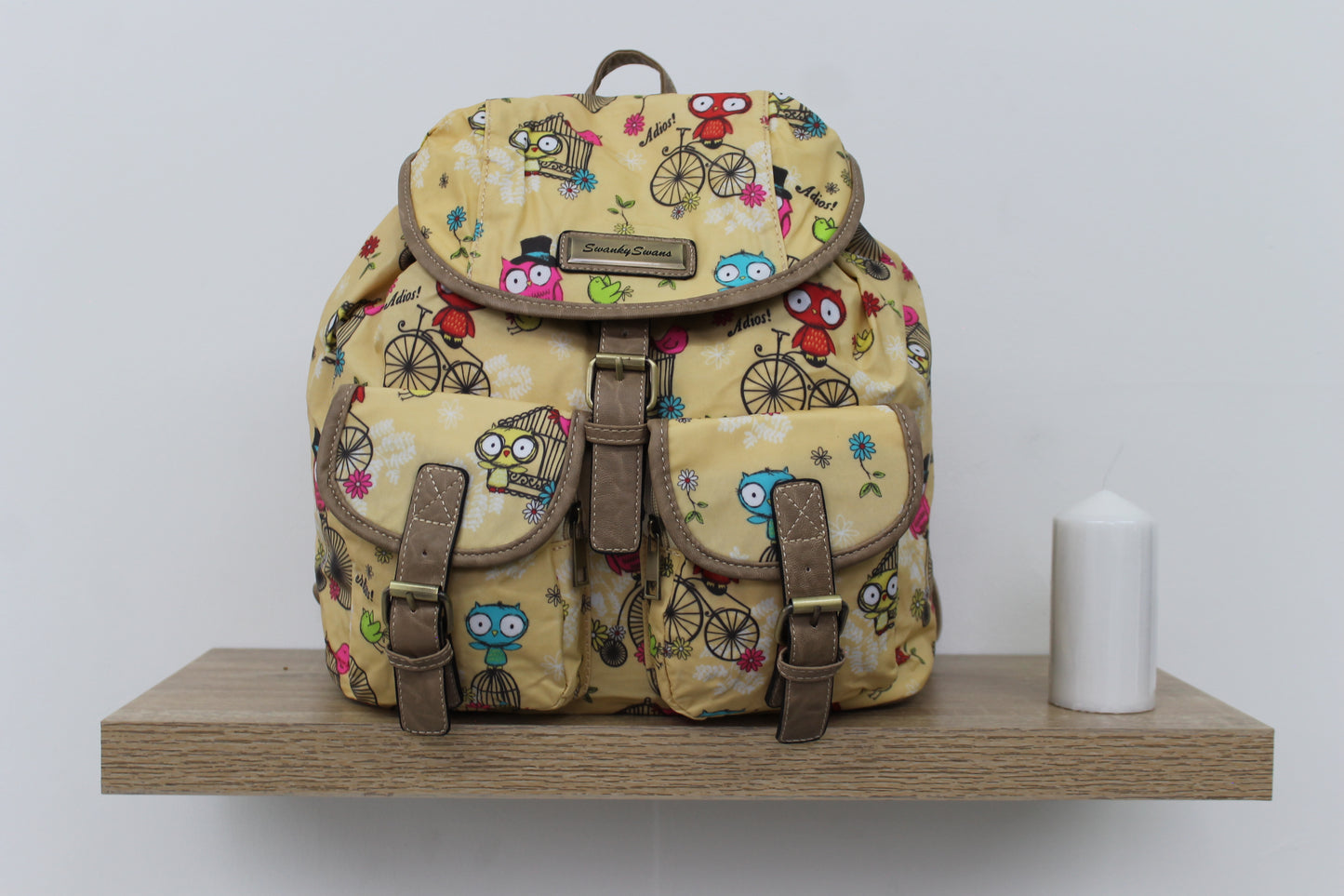 Anna Vintage Owl Bicycle Print Oilcloth Backpack Beige