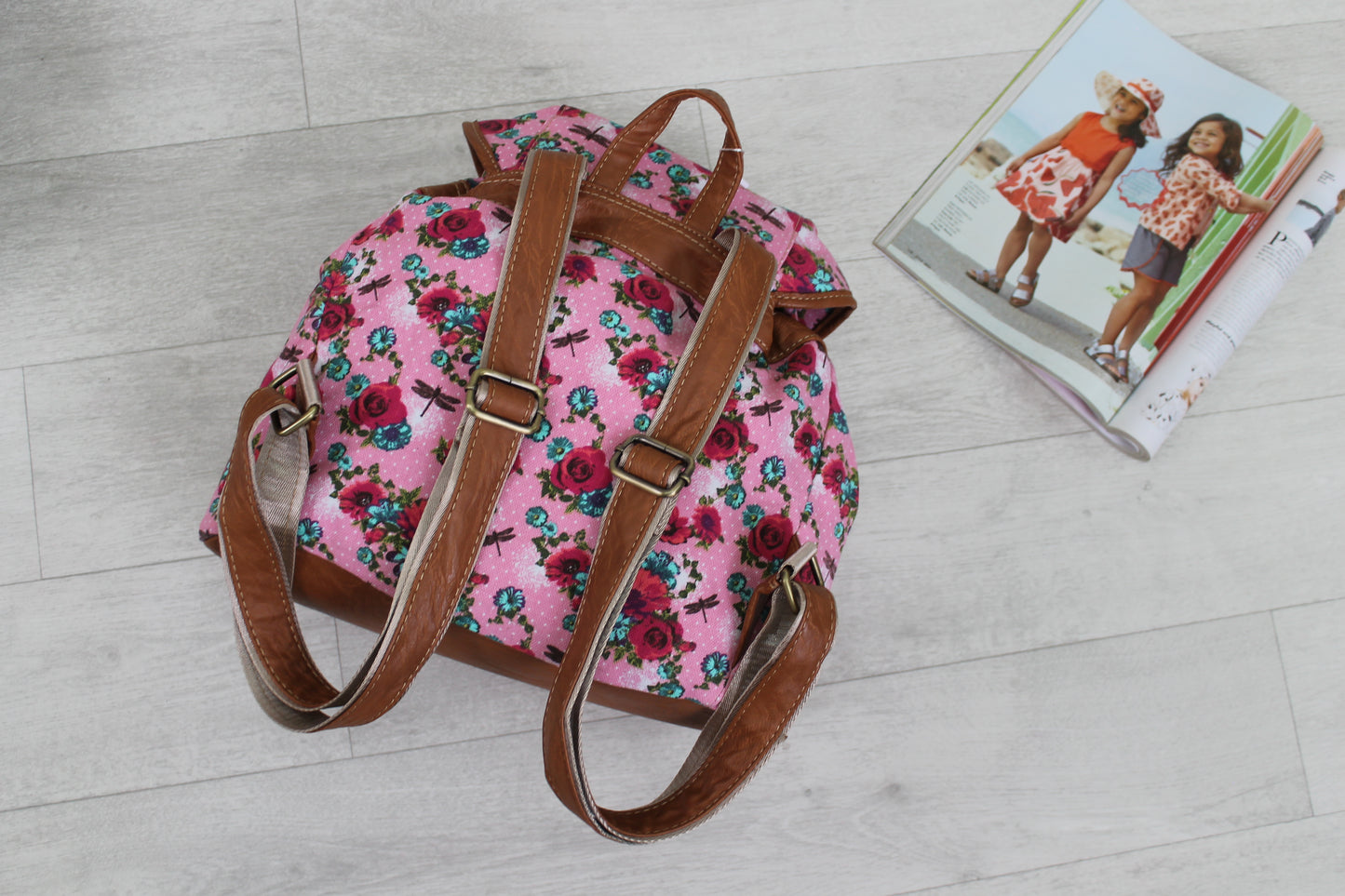 Anna Vintage Flowers Dragonfly Canvas Backpack Pink