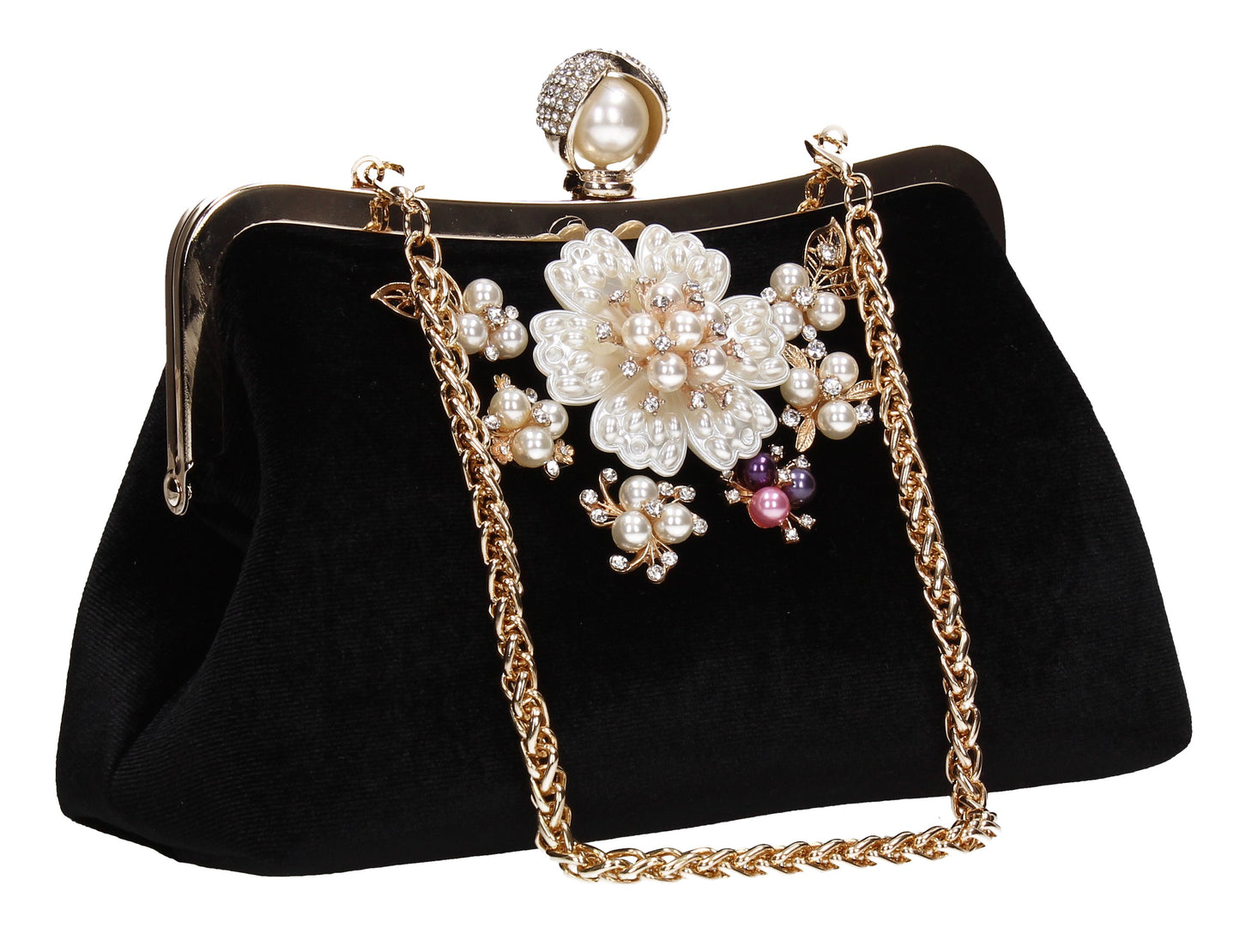 Jayde Faux Pearl Floral Clutch Bag Black