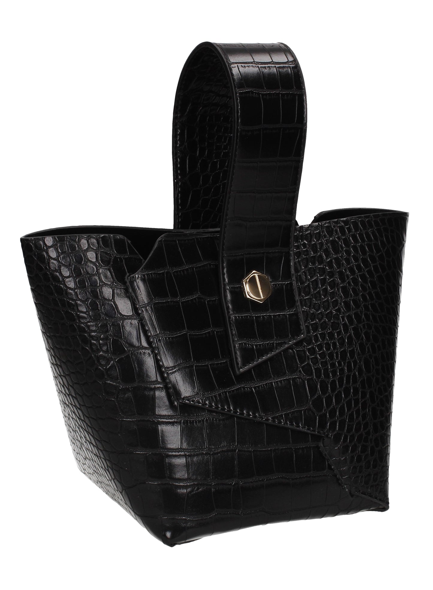Jen Faux Leather Croc Bucket Structure Bag Black