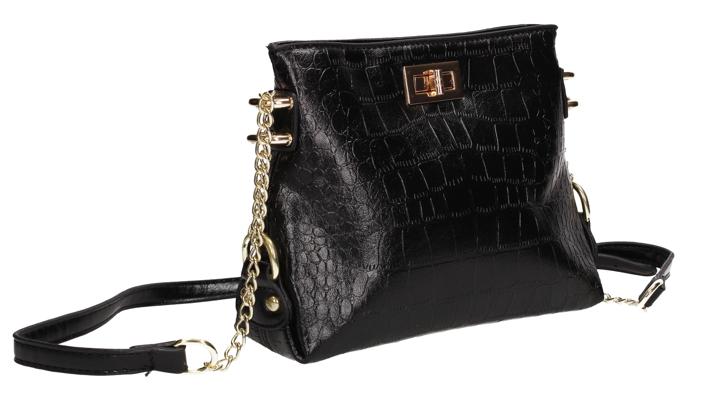 Becky Faux Leather Croc Pouch Crossbody Bag Black