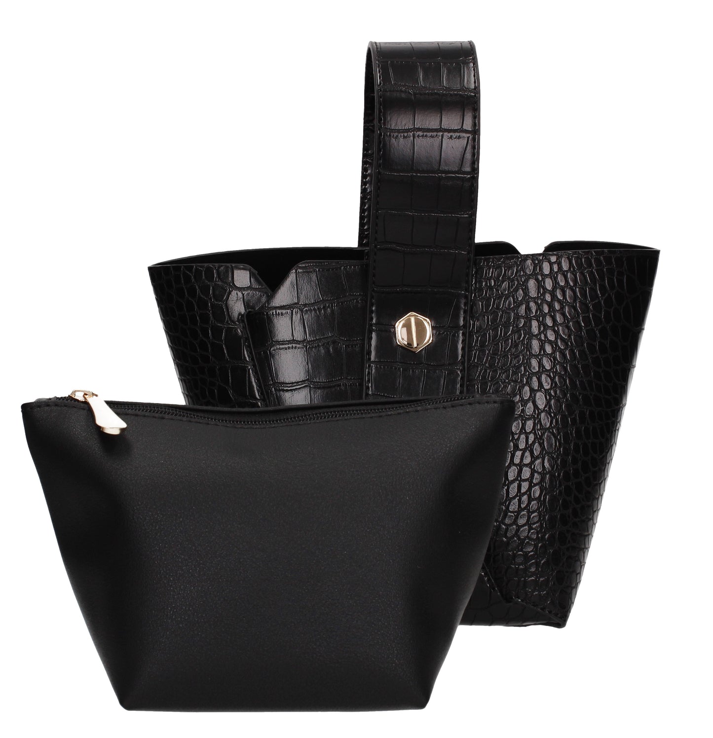 Jen Faux Leather Croc Bucket Structure Bag Black