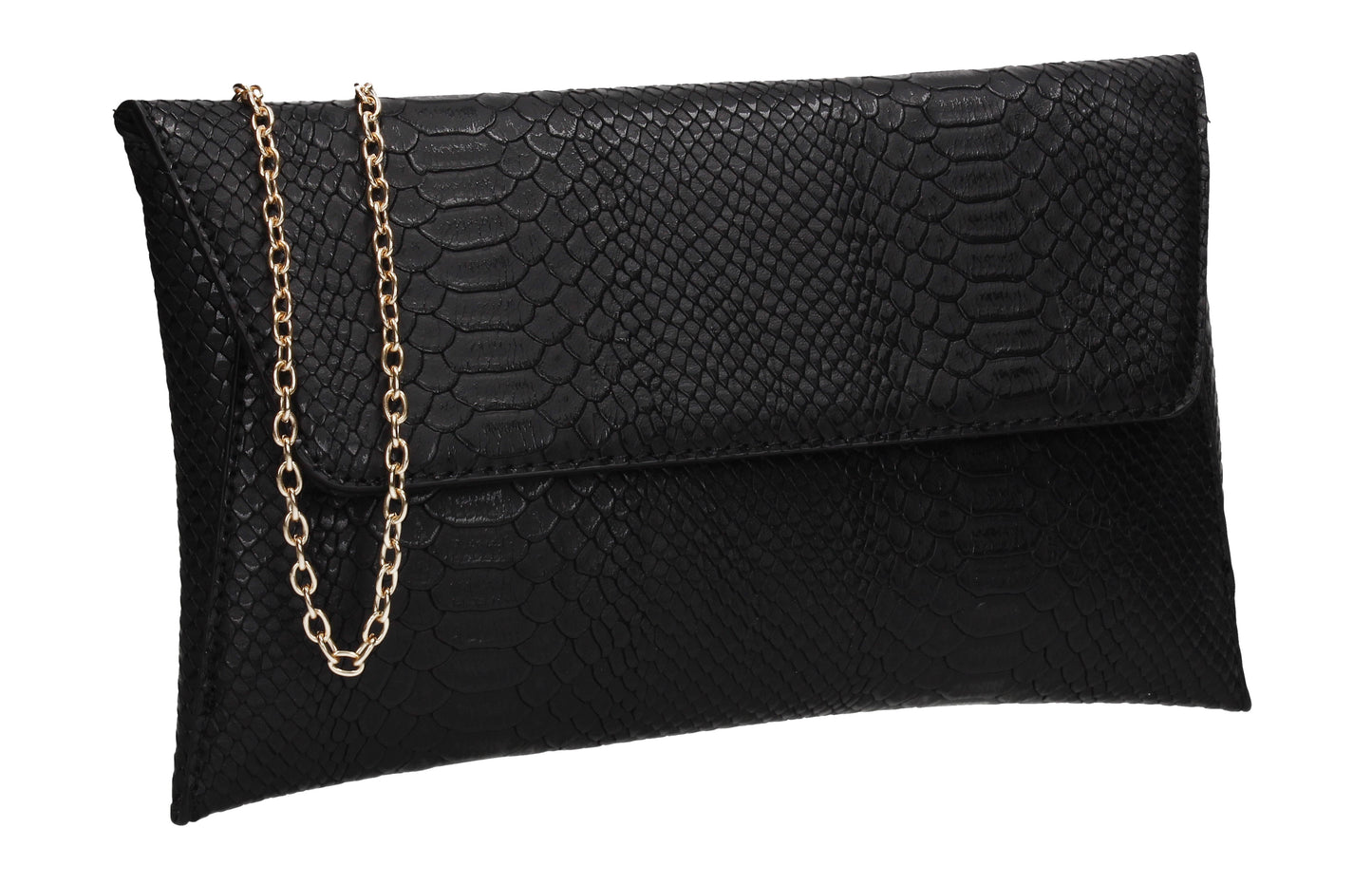 Remi Faux Leather Snakeskin Effect Flapover Clutch Bag Black