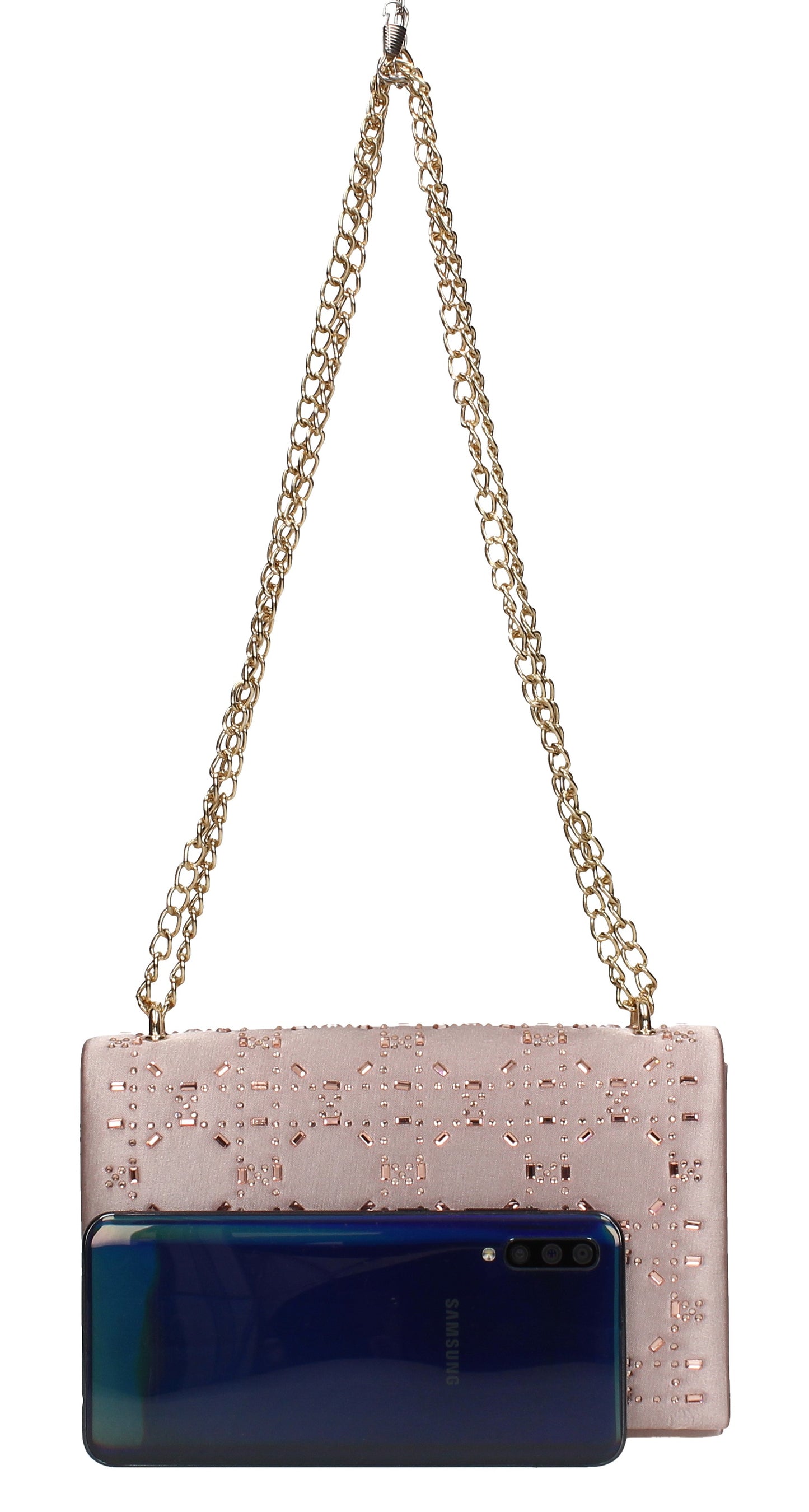 Niomi Matching Satin Stone Clutch Bag in Pink Champagne