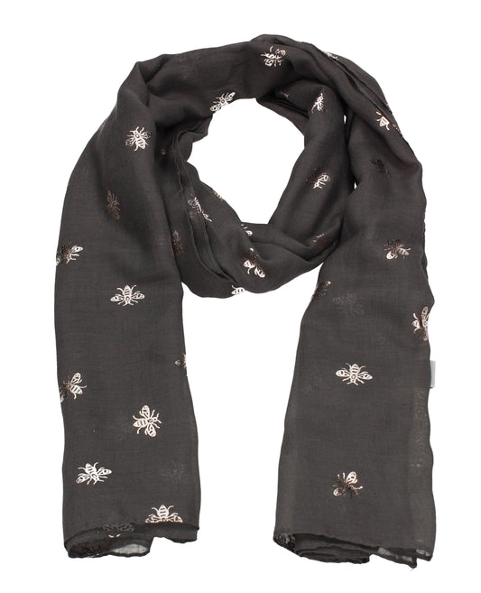 Worker Bee Gold Foil Animal Print Winter Scarf Charcoal Grey