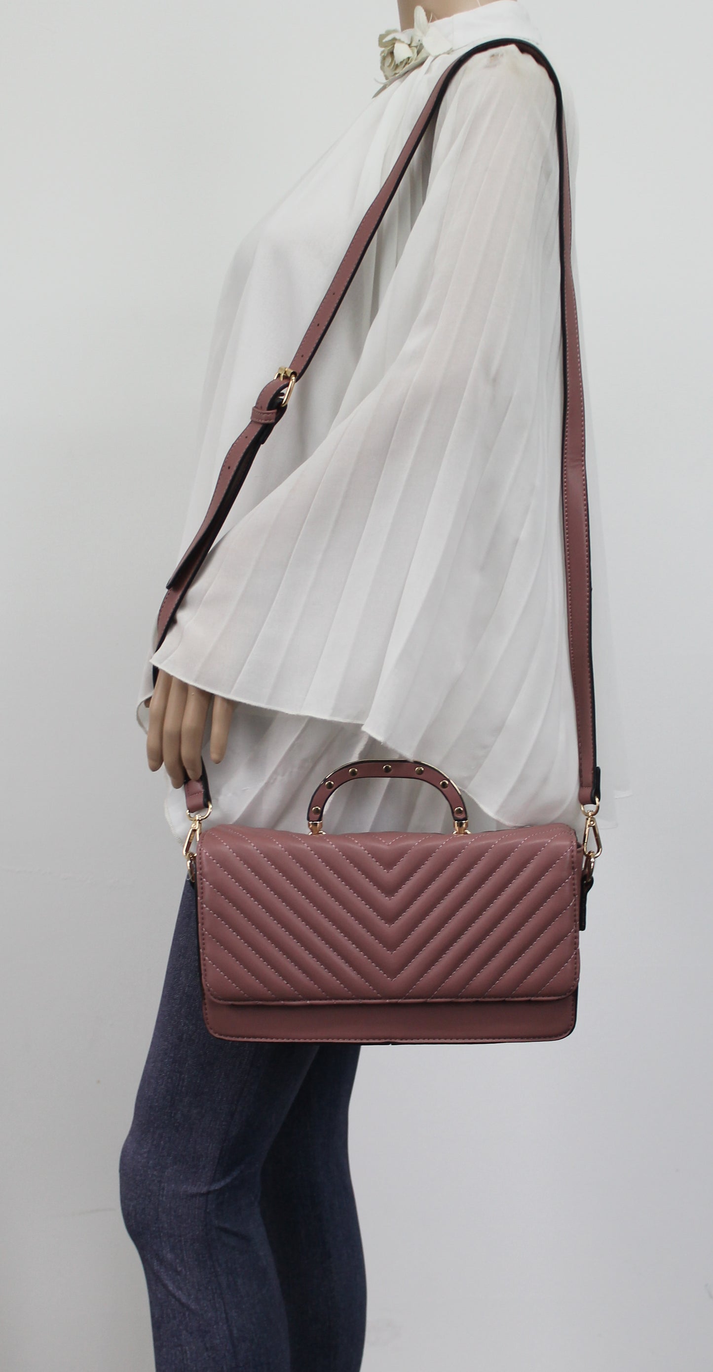 Gemma Stitched V Top Handle Crossbody Bag Dark Pink