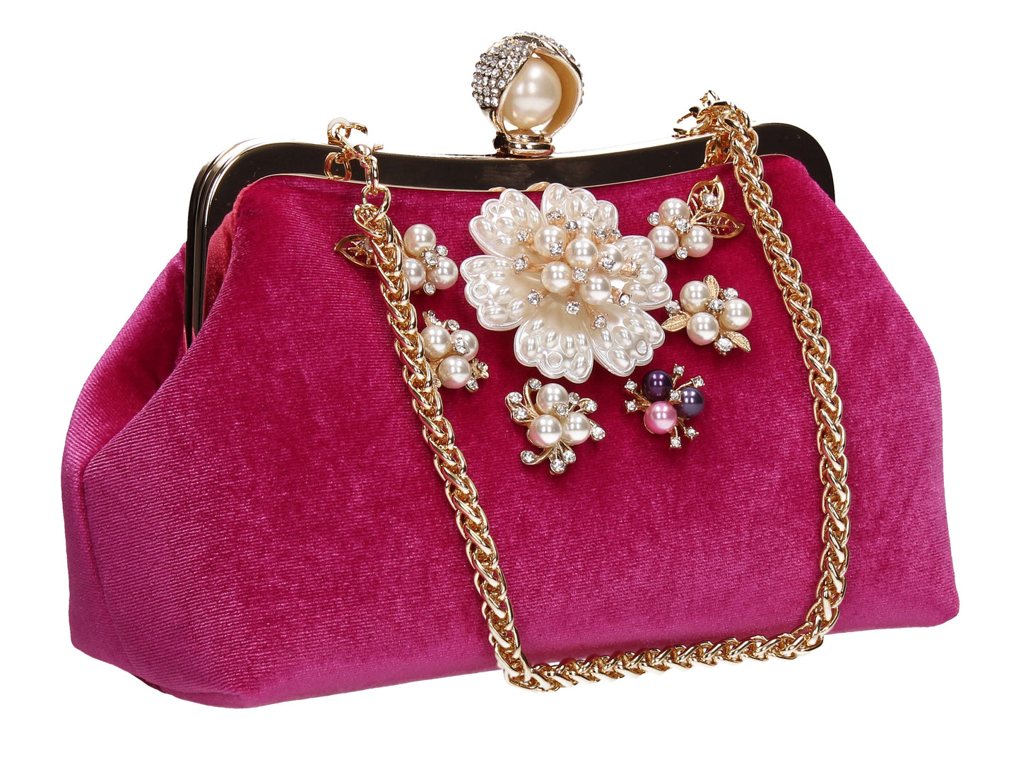 Jayde Faux Pearl Floral Clutch Bag Fuchsia Pink