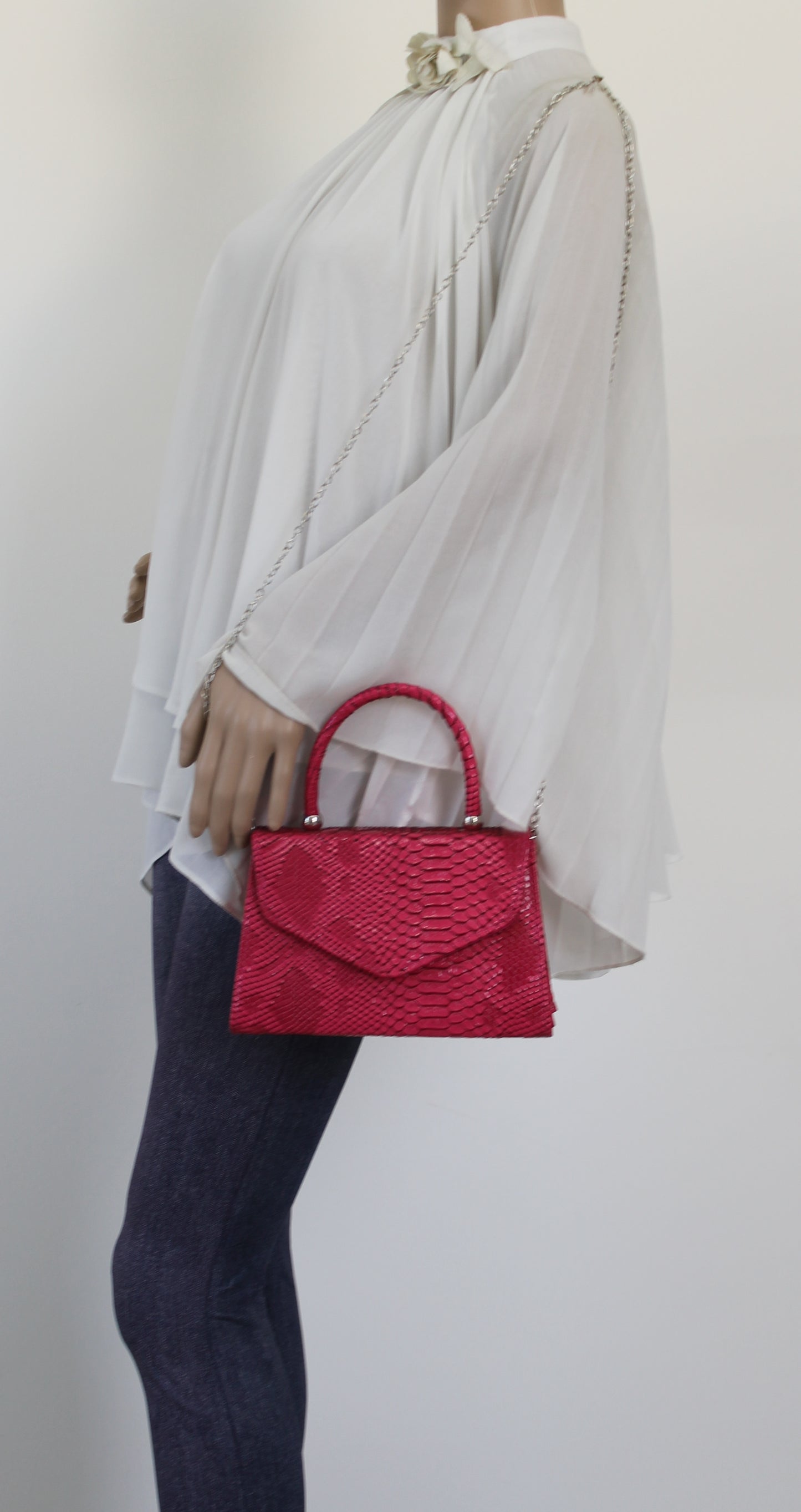 Lucy Mini-Handbag Faux Leather Snakeskin Effect Clutch Bag Fuchsia Pink