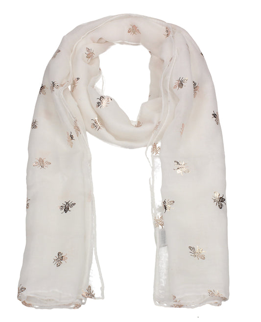 Worker Bee Gold Foil Animal Print Winter Scarf White