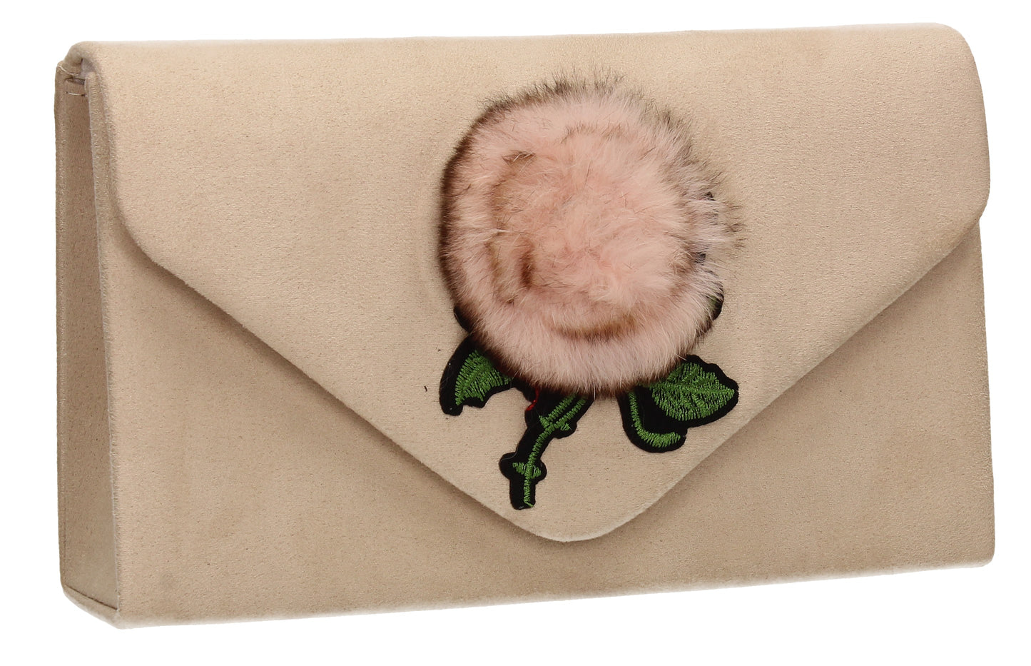 SWANKYSWANS Roxanne Fur Rose Clutch Bag Beige Cute Cheap Clutch Bag For Weddings School and Work