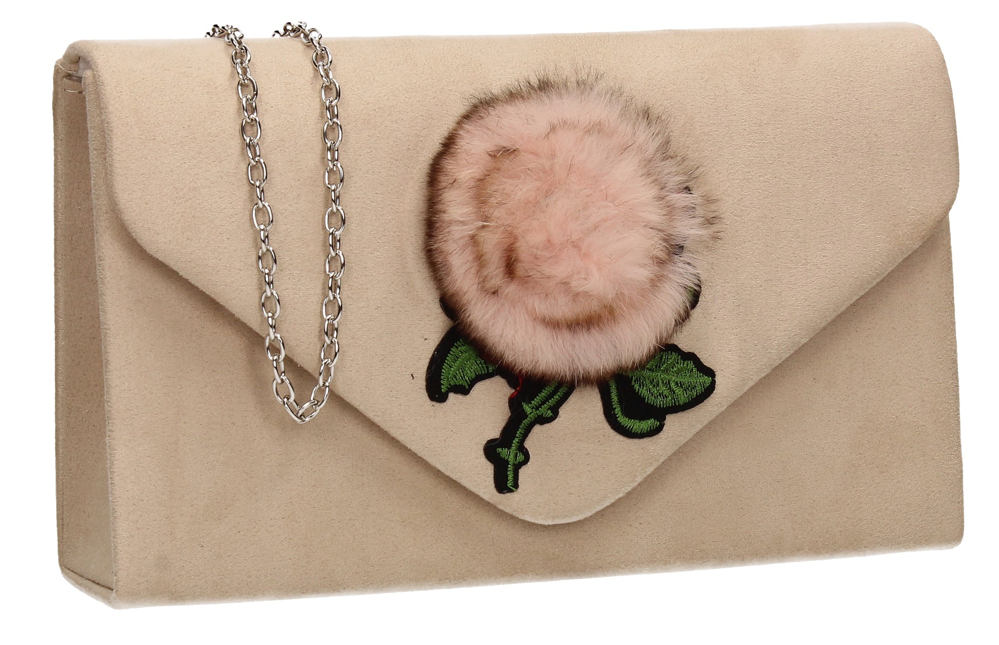 SWANKYSWANS Roxanne Fur Rose Clutch Bag Beige Cute Cheap Clutch Bag For Weddings School and Work