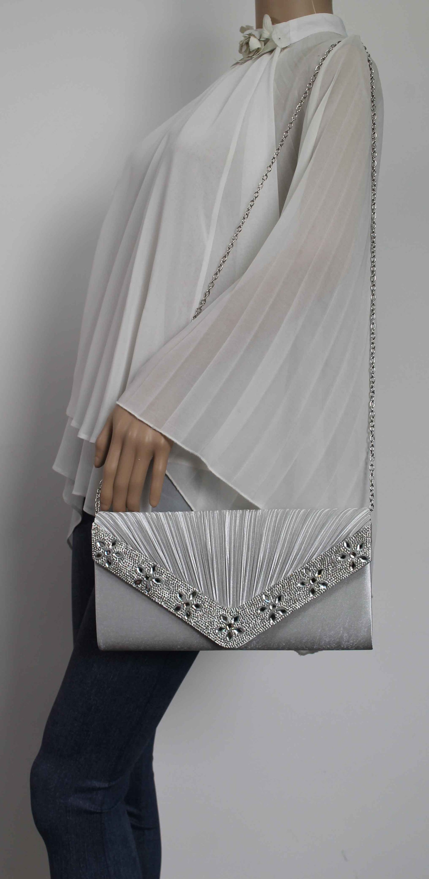 SWANKYSWANS Rylie Floral Diamante Clutch Bag Silver Cute Cheap Clutch Bag For Weddings School and Work