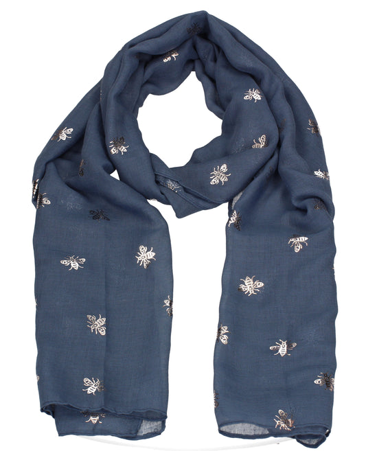 Worker Bee Gold Foil Animal Print Winter Scarf Blue