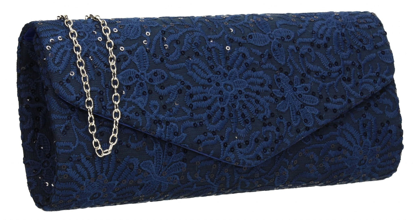 SWANKYSWANS Julia Lace Sequin Clutch Bag Navy Cute Cheap Clutch Bag For Weddings School and Work