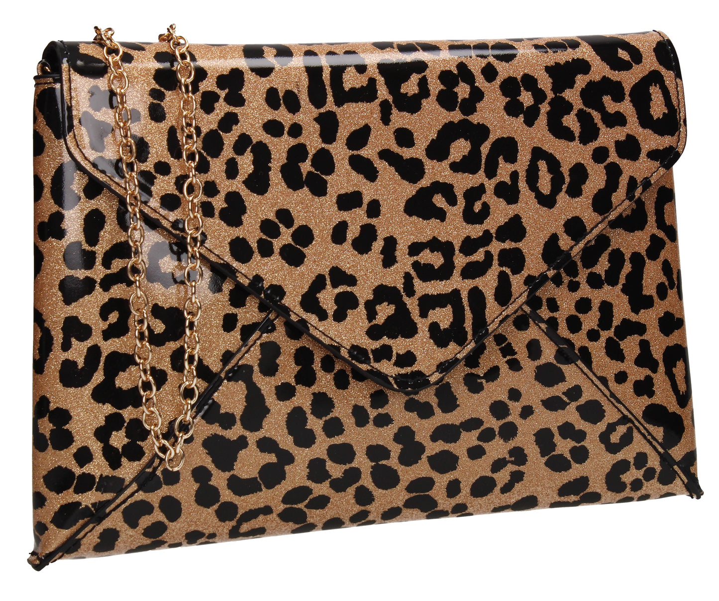 Marlie Patent Envelope Leopard Print Clutch Bag Brown