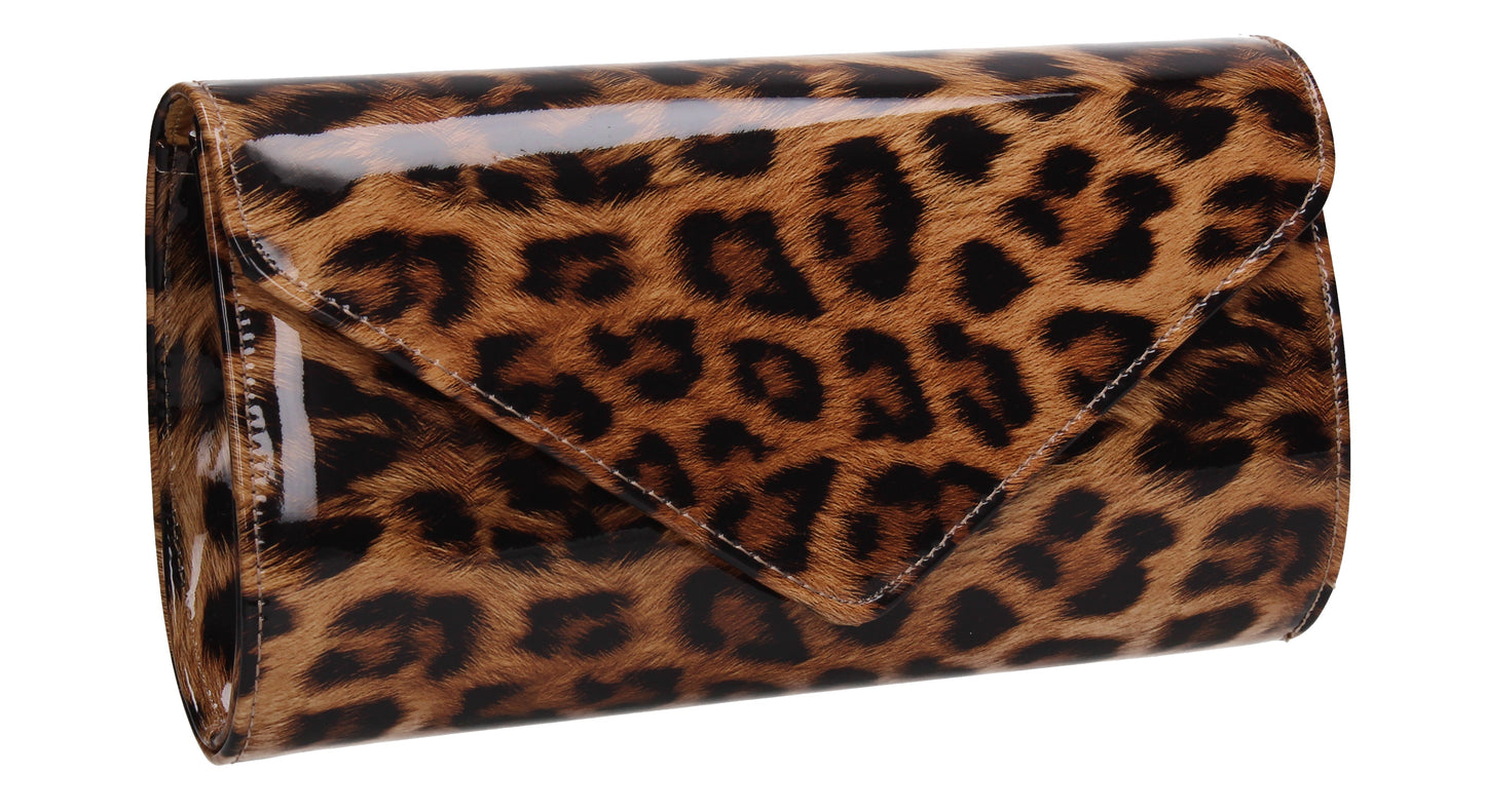 Olivia Patent Envelope Clutch Bag Leopard Brown