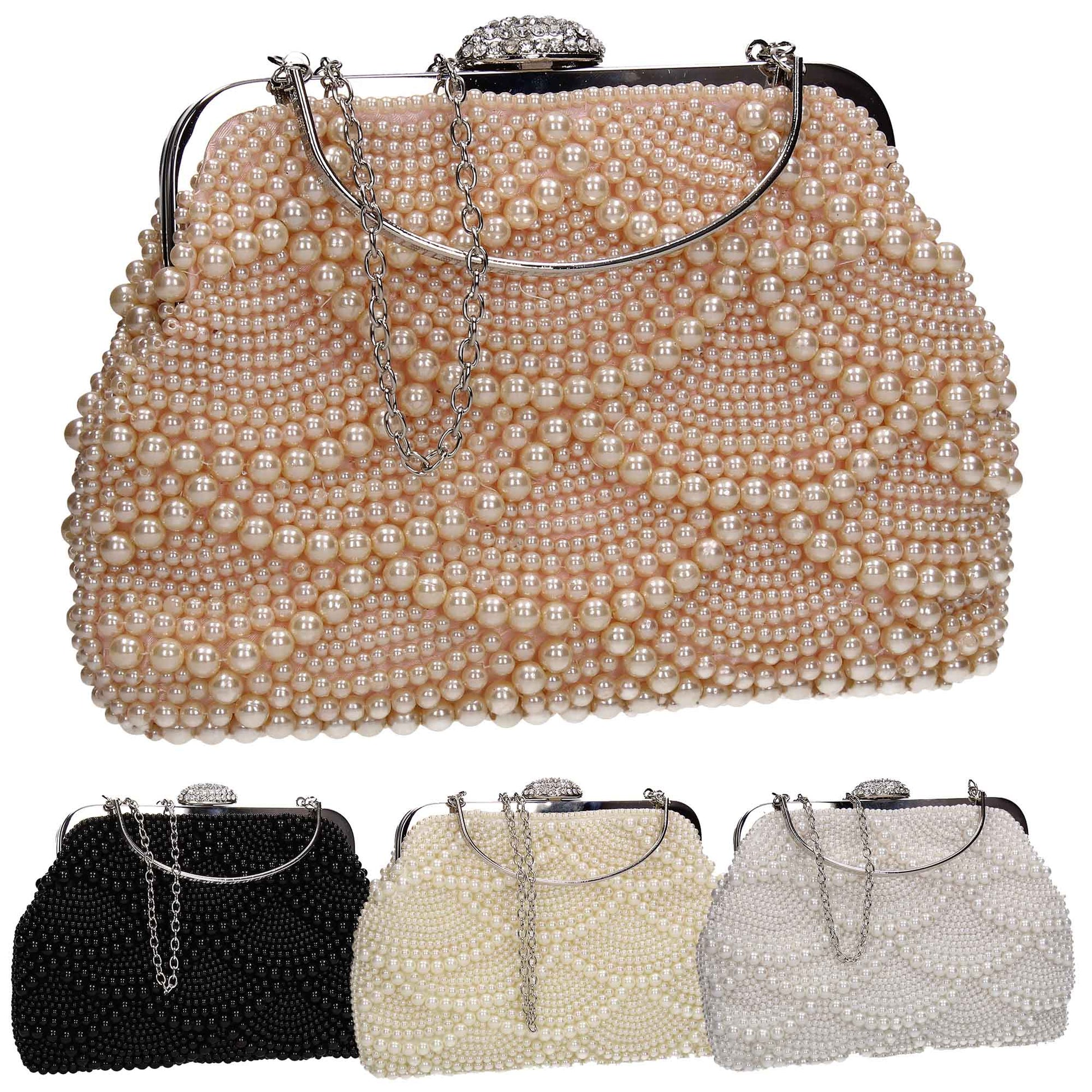 SWANKYSWANS Hailee Faux Pearl Detail Clutch Bag Champagne Cute Cheap Clutch Bag For Weddings School and Work