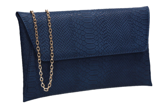 Remi Faux Leather Snakeskin Effect Flapover Clutch Bag Navy