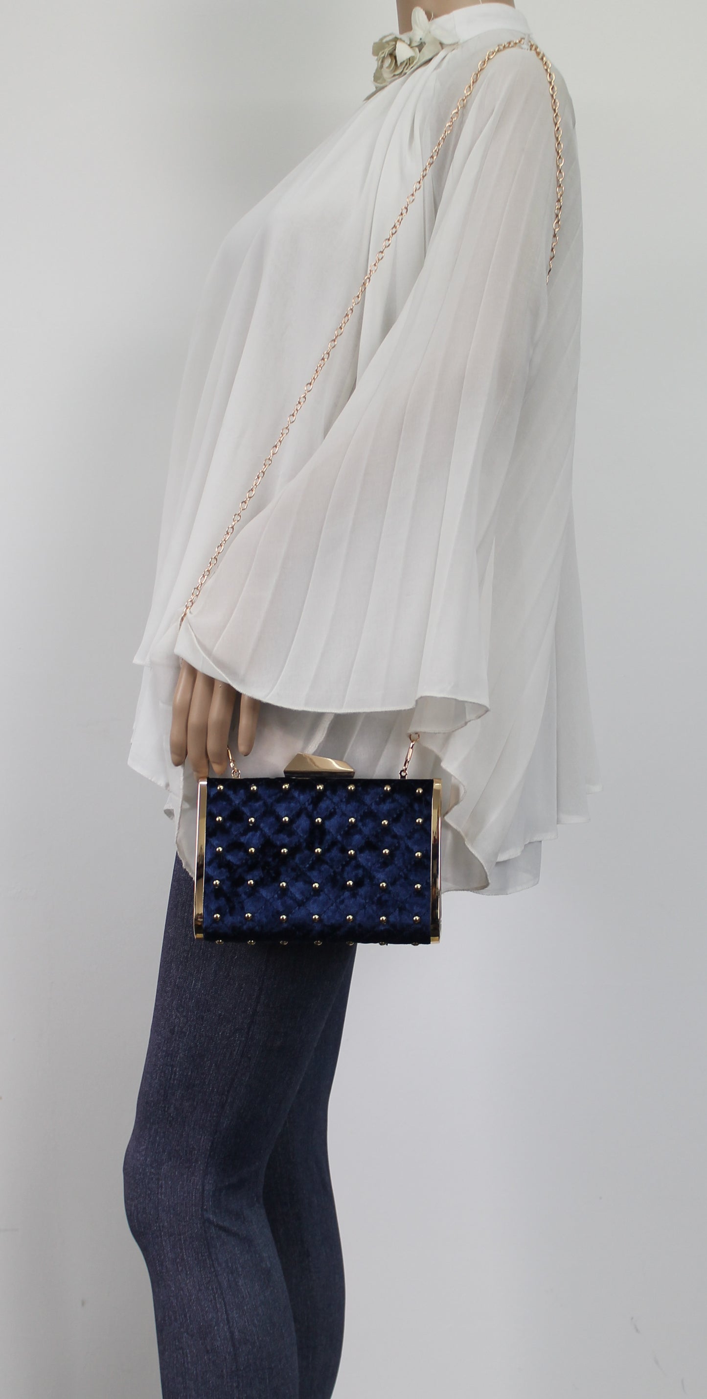 SWANKYSWANS Nyla Studded Velvet Clutch Bag Navy Blue