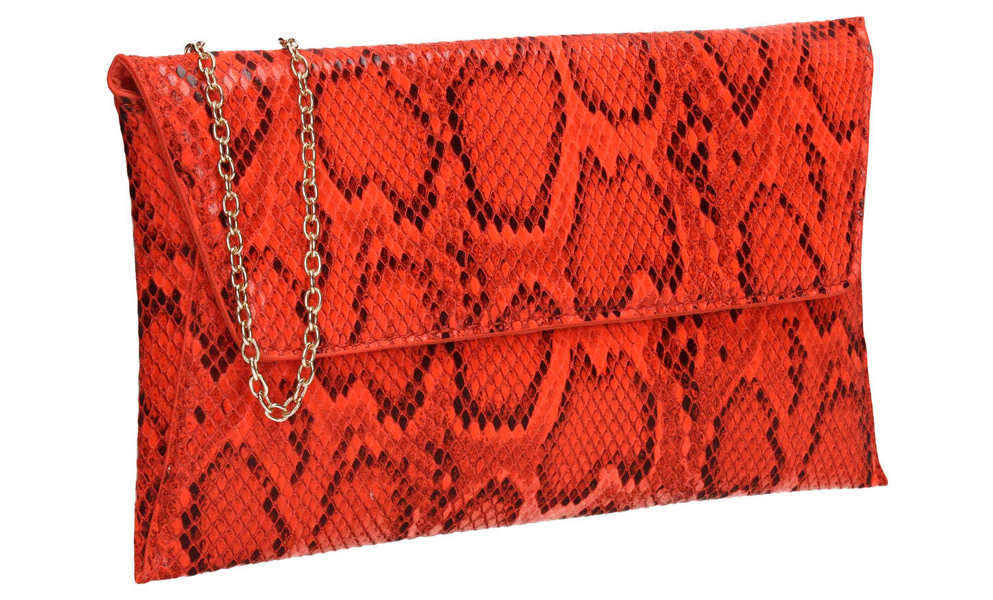Karla Faux Snakeskin Effect Flapover Clutch Bag Neon Coral