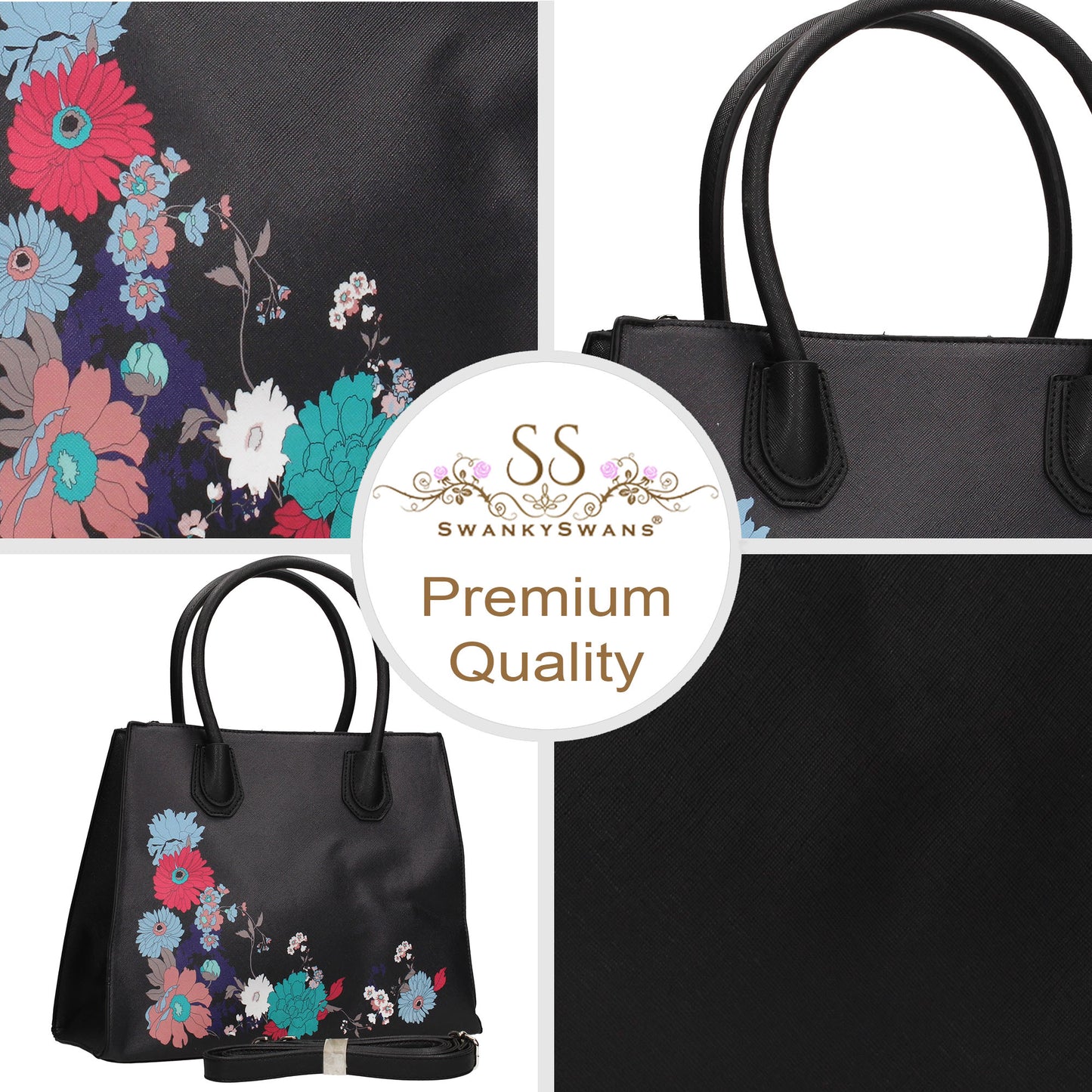 Hanna Floral Handbag BlackBeautiful Cute Animal Faux Leather Clutch Bag Handles Strap Summer School