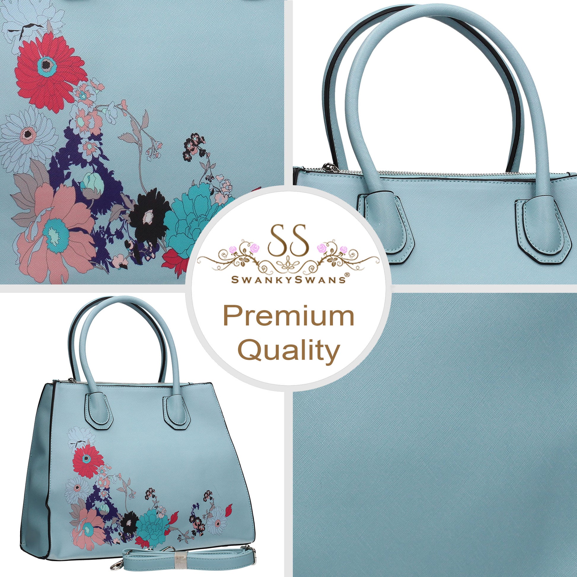 Hanna Floral Handbag Pale BlueBeautiful Cute Animal Faux Leather Clutch Bag Handles Strap Summer School