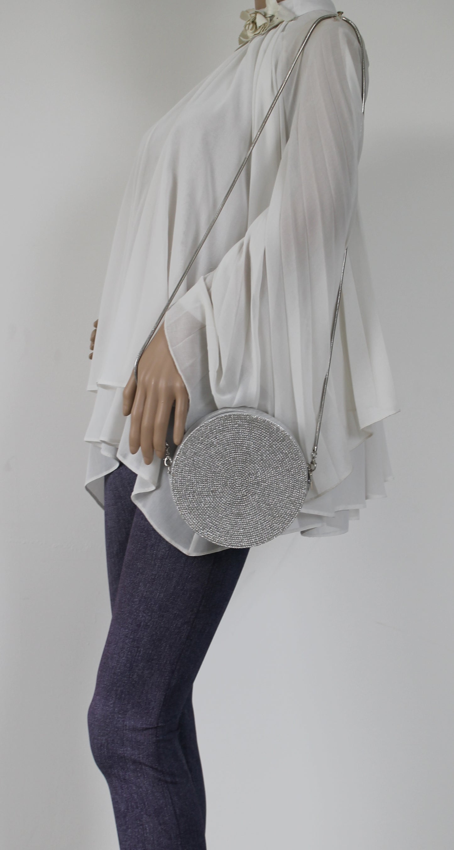 Marina Diamante Circle Shape Clutch Bag Silver