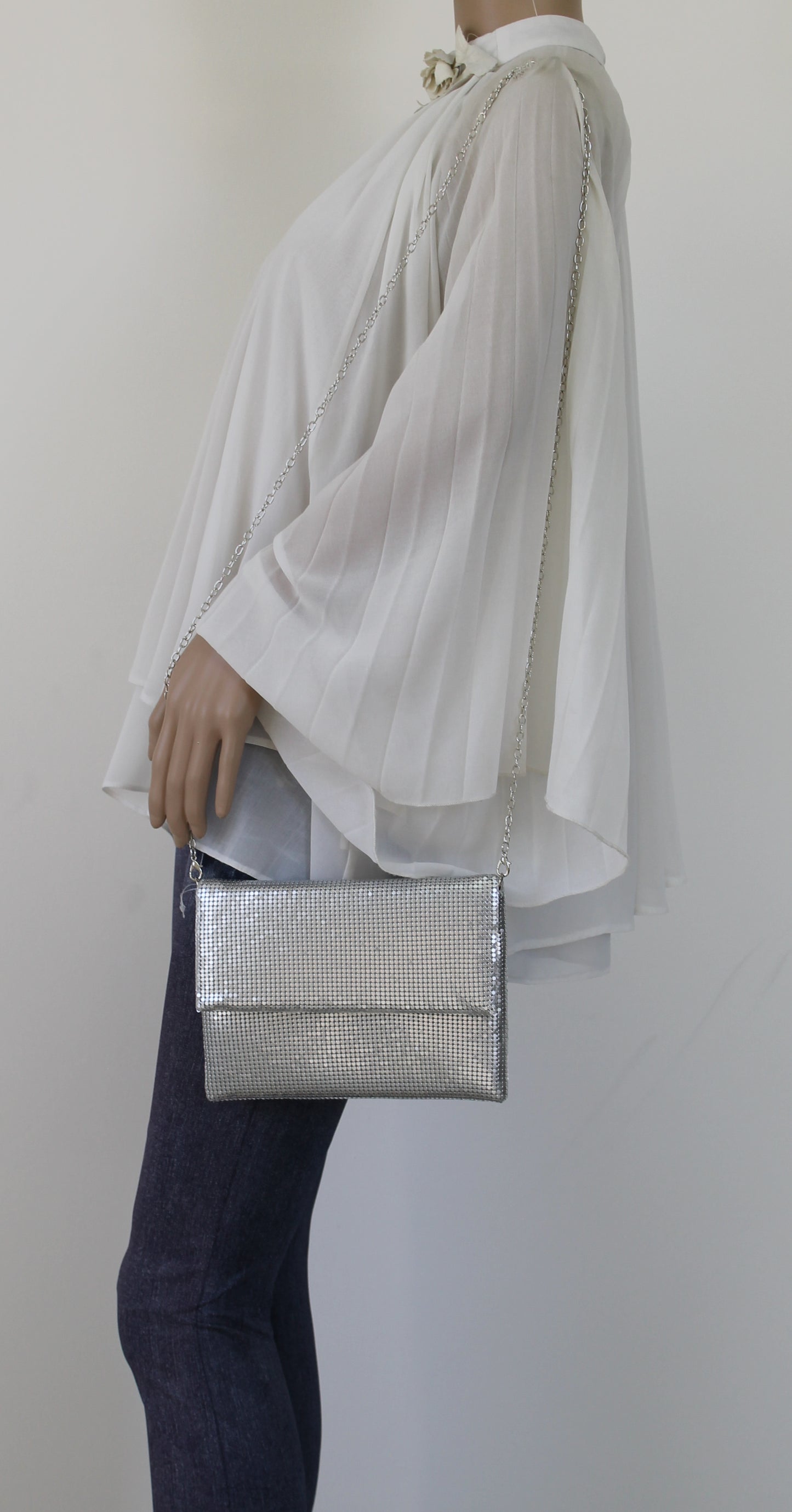Daniella Sequin Flapover Clutch Bag Silver