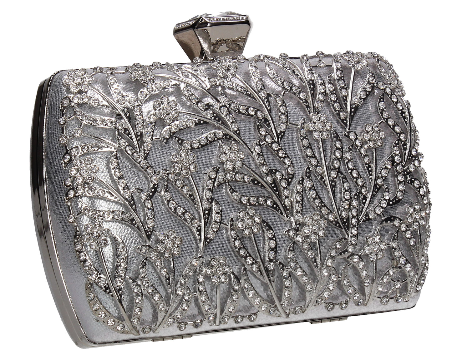 Claire Floral Diamante Detail Box Shape Clutch Bag Silver
