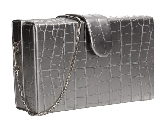 Hailey Box Shape Croc Effect Clutch Bag Silver