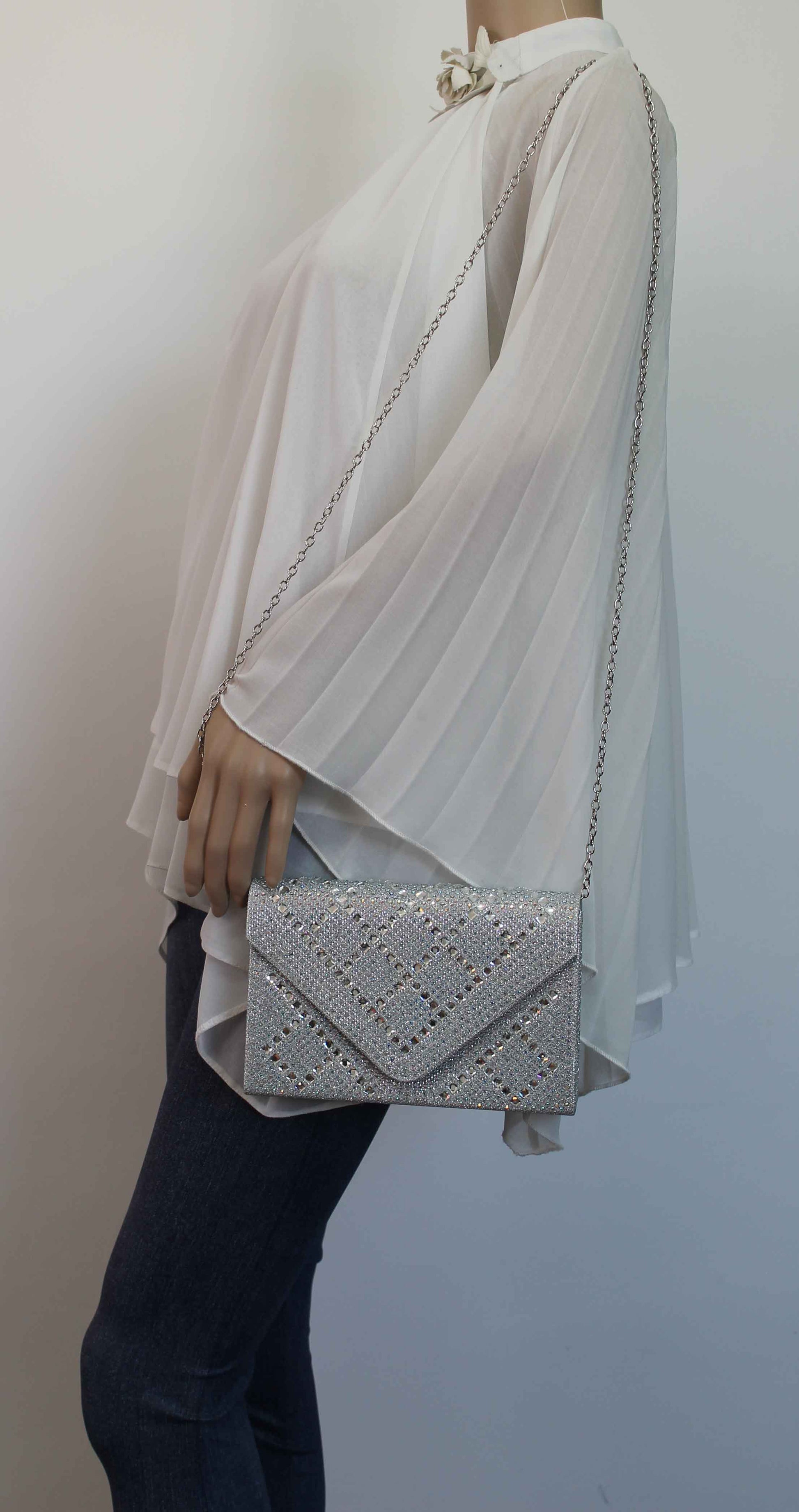 SWANKYSWANS Bethany Diamante Clutch Bag Silver Cute Cheap Clutch Bag For Weddings School and Work