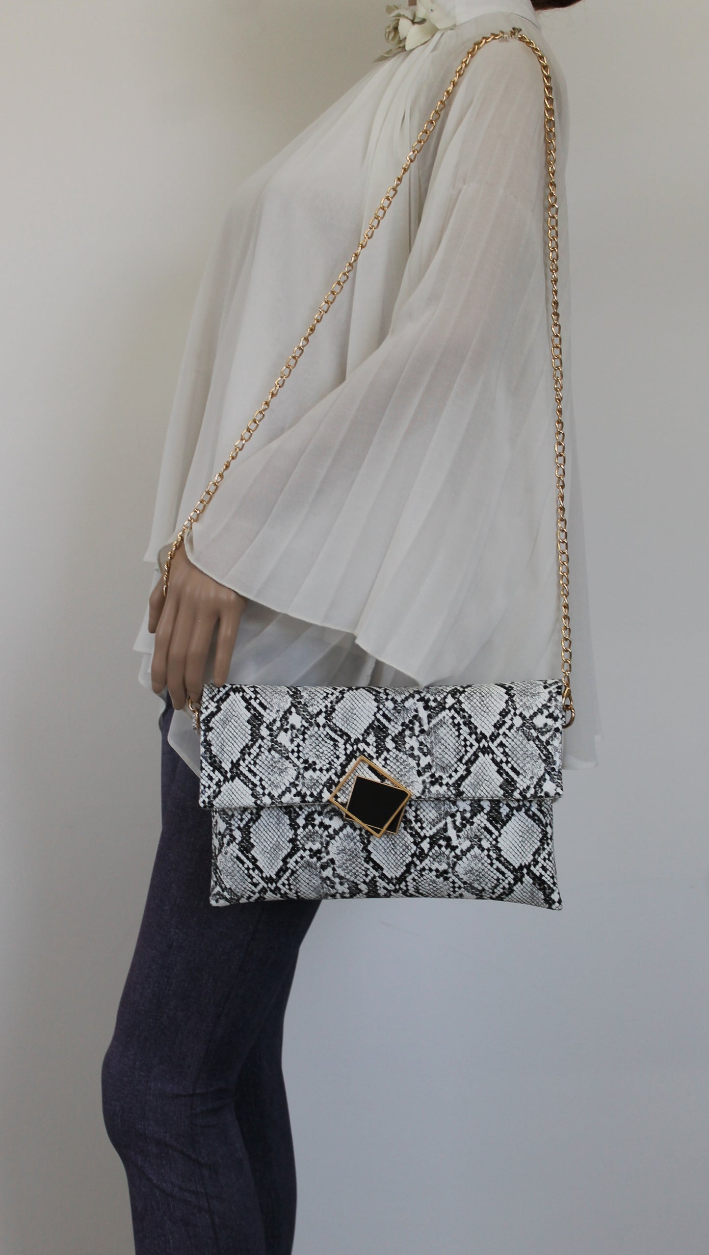 Callie Faux Leather Animal Print Elegant Clutch Bag White
