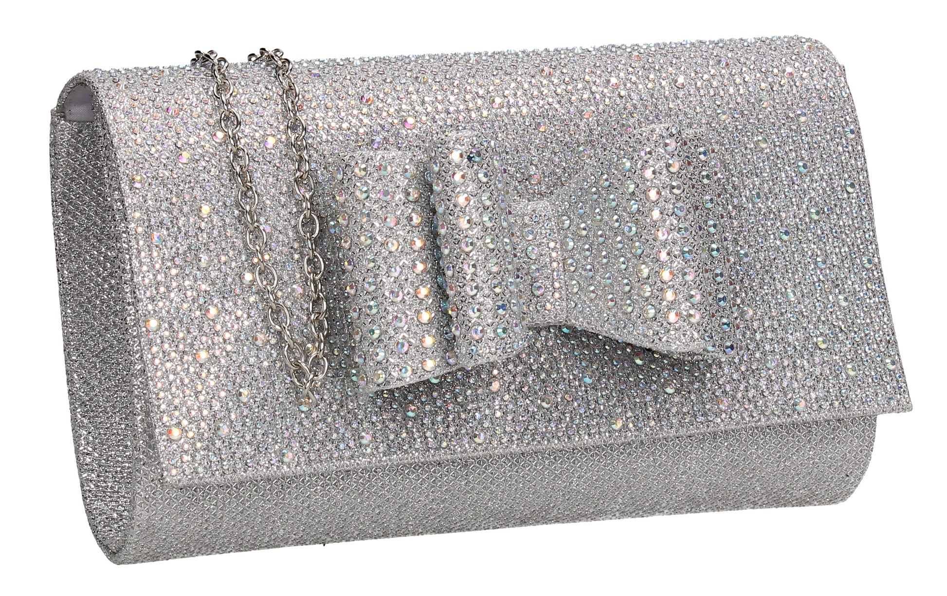 SWANKYSWANS Willa Glitter Bow Clutch Bag Silver Cute Cheap Clutch Bag For Weddings School and Work