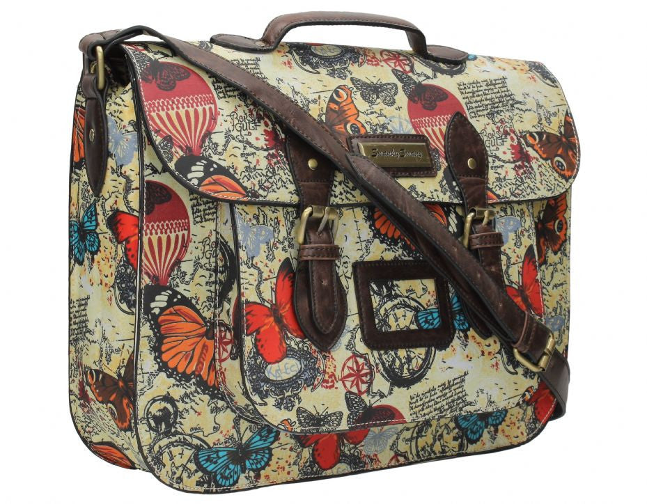 Swanky Swans Atlantis Vintage Map & Butterfly Print Top Handle Satchel Perfect for Back to school!