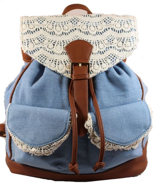 Swanky Swans Denim Lace Detail Backpack BlueBeautiful cheap school backpack bag
