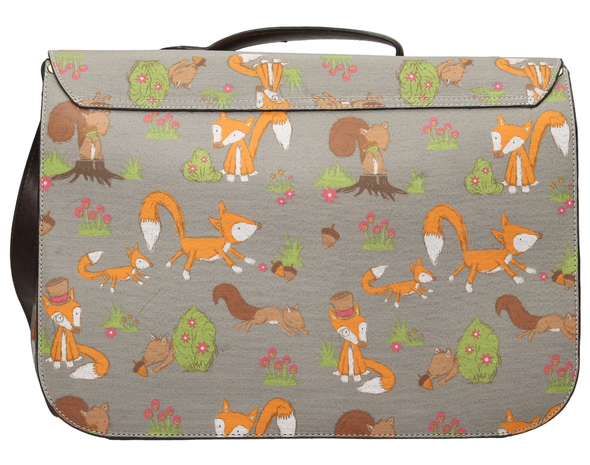 Swanky Swans Freddie Fox & Squirrel Print Top Handle Day Satchel Bag - Grey Perfect for Back to school!