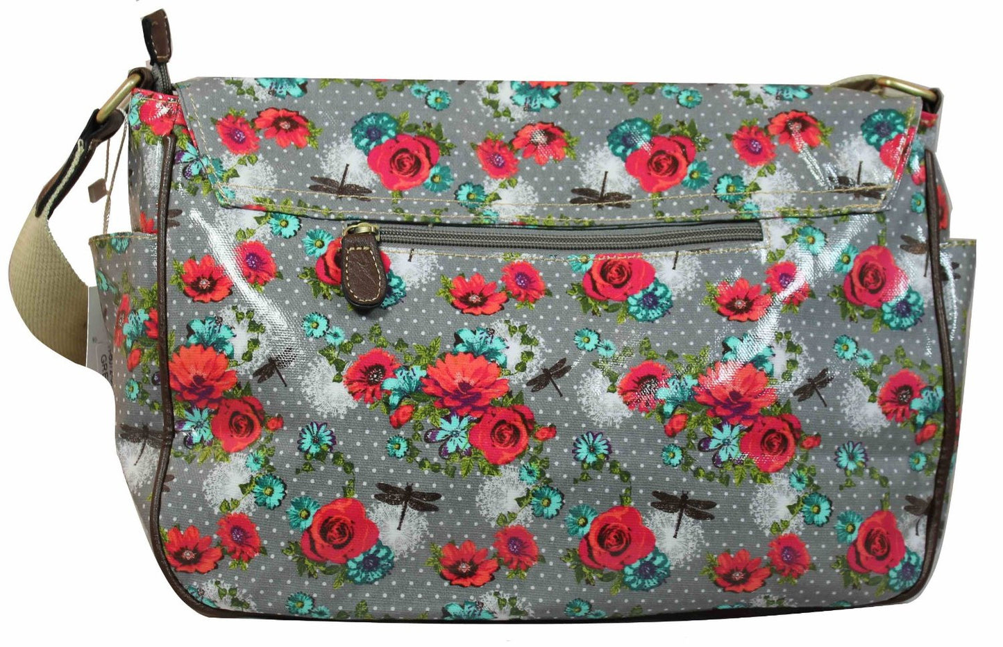 Swanky Swans Hayley Dragonfly & Rose Double Pocket Satchel Grey Perfect for Back to school!