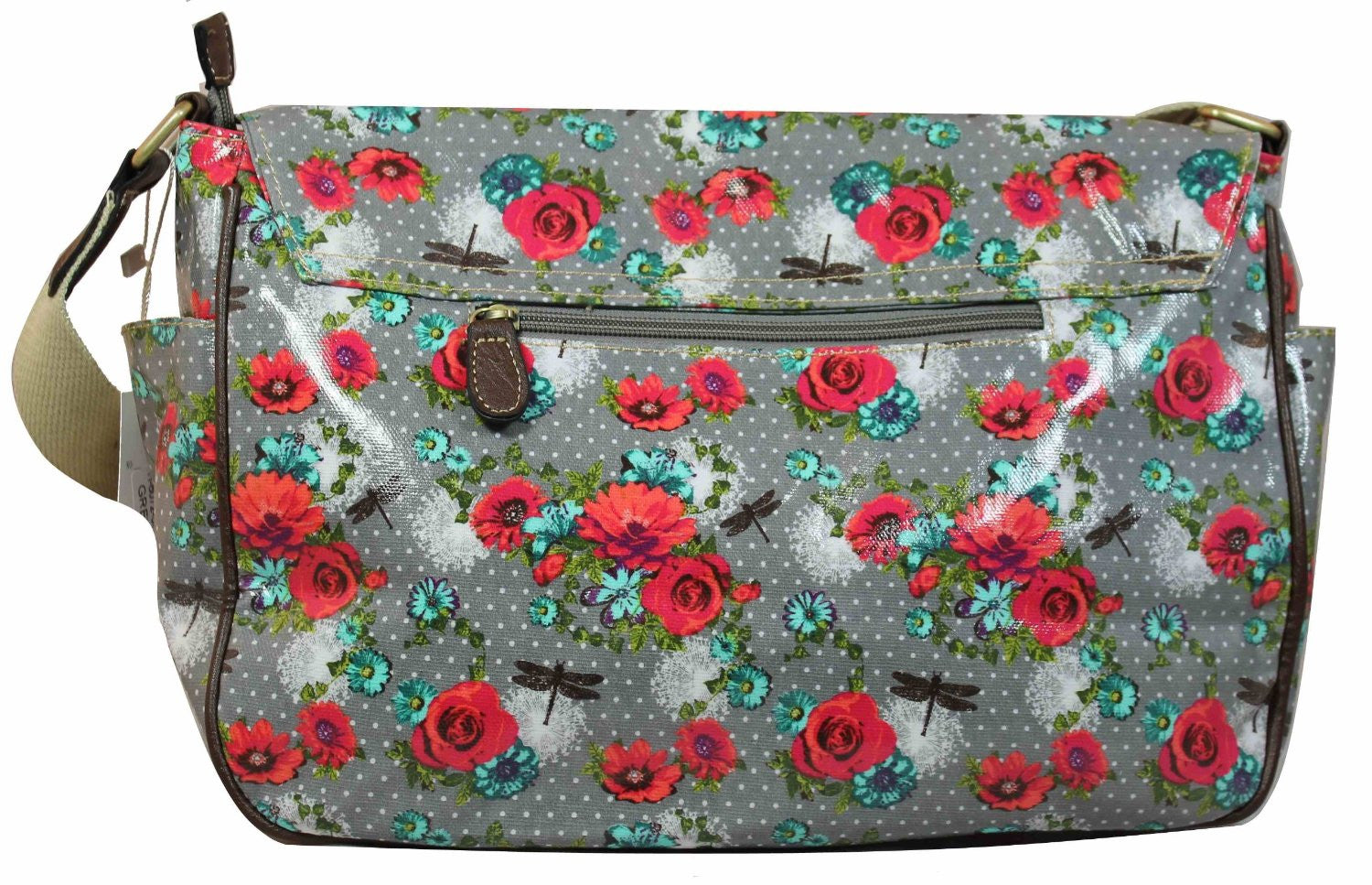 Swanky Swans Hayley Dragonfly & Rose Double Pocket Satchel Grey Perfect for Back to school!