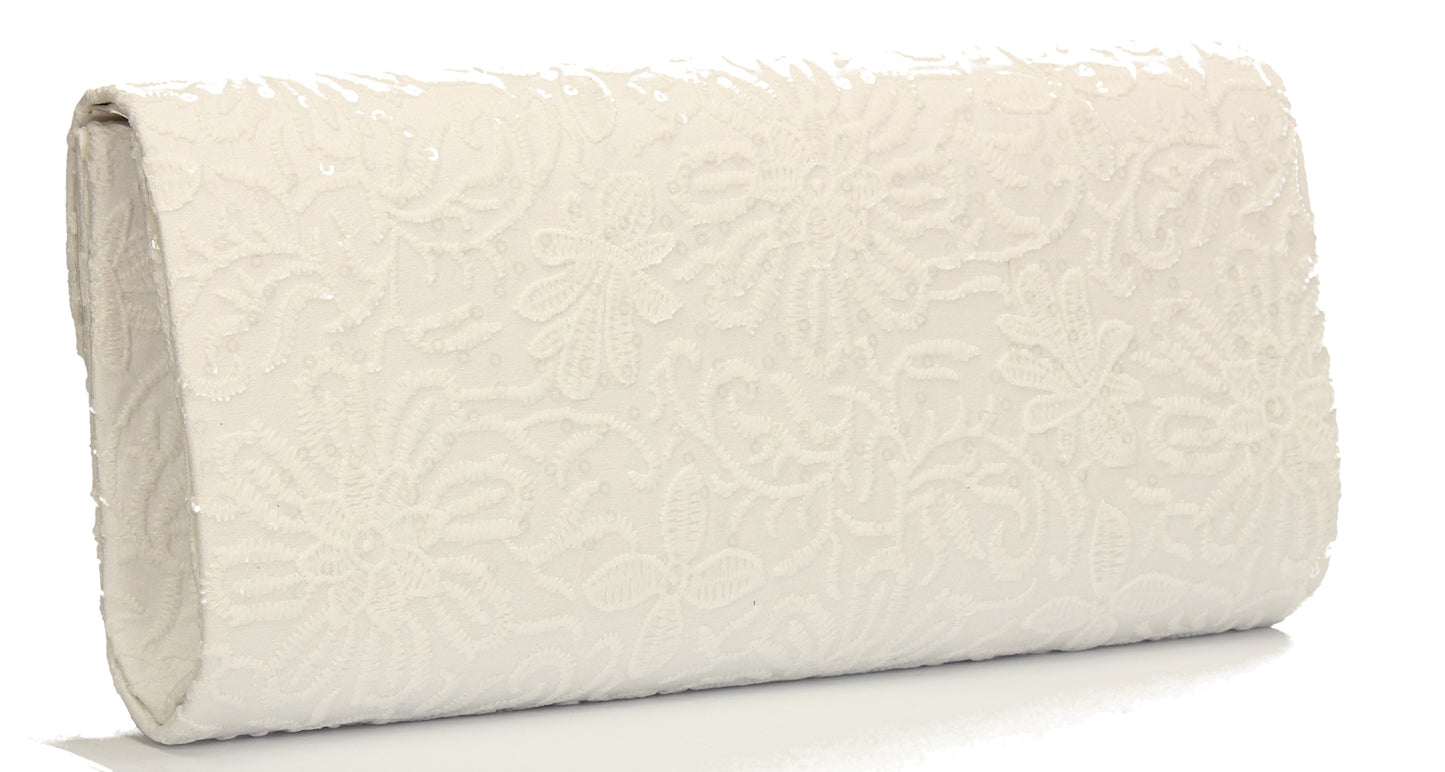 SWANKYSWANS Julia Lace Sequin Clutch Bag White Cute Cheap Clutch Bag For Weddings School and Work