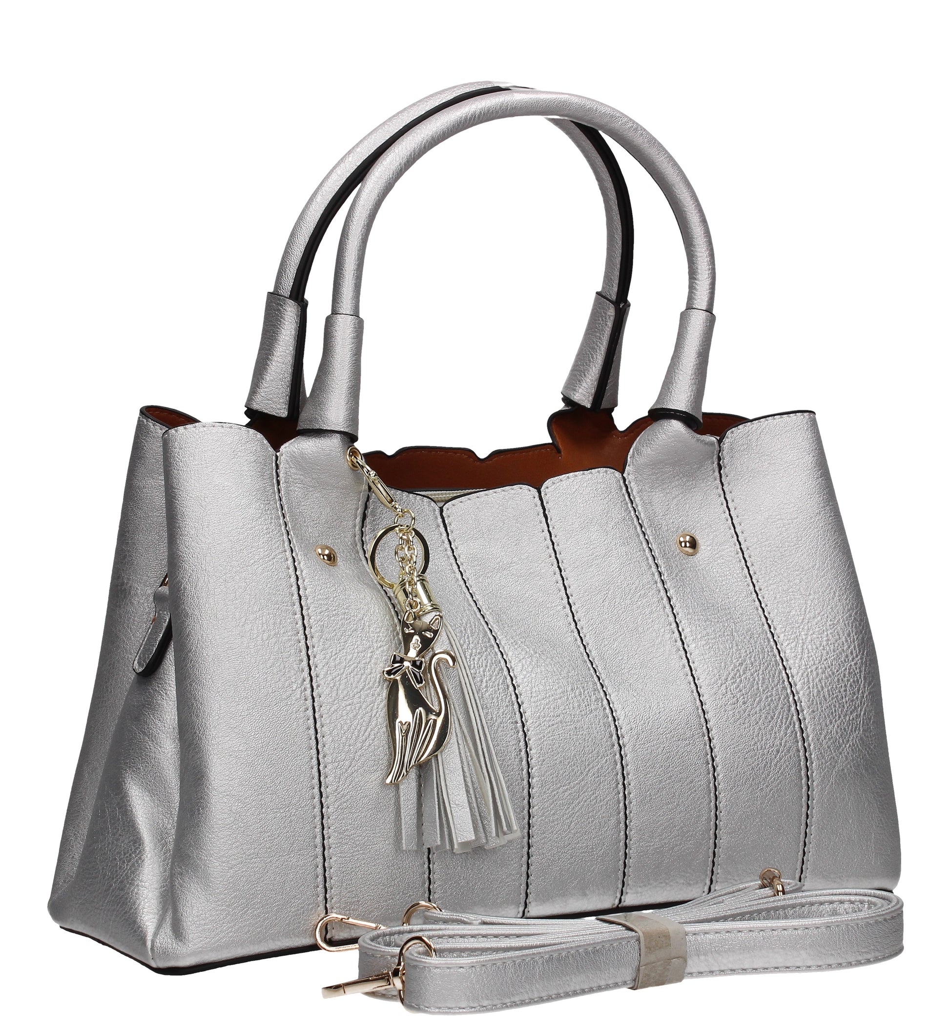 Casey Tassle Handbag SilverBeautiful Cute Animal Faux Leather Clutch Bag Handles Strap Summer School