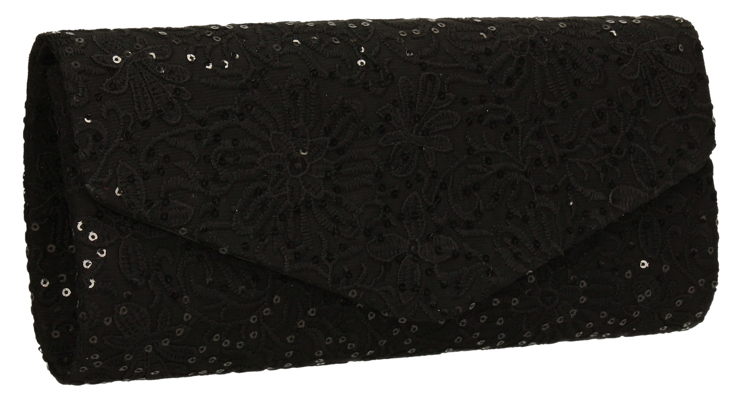 SWANKYSWANS Julia Lace Sequin Clutch Bag Black Cute Cheap Clutch Bag For Weddings School and Work